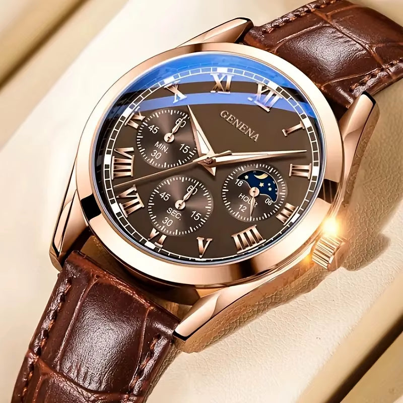 Men's Roman numeral leather quartz watch