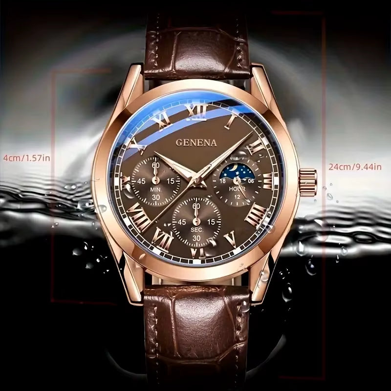 Men's Roman Numeral Leather Quartz Watch