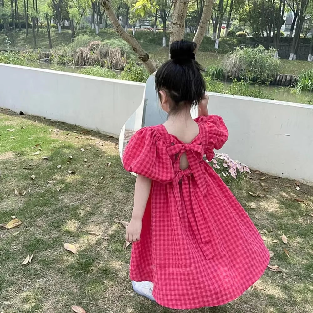 Girls' Rose Pink Plaid Bow Midi Dress