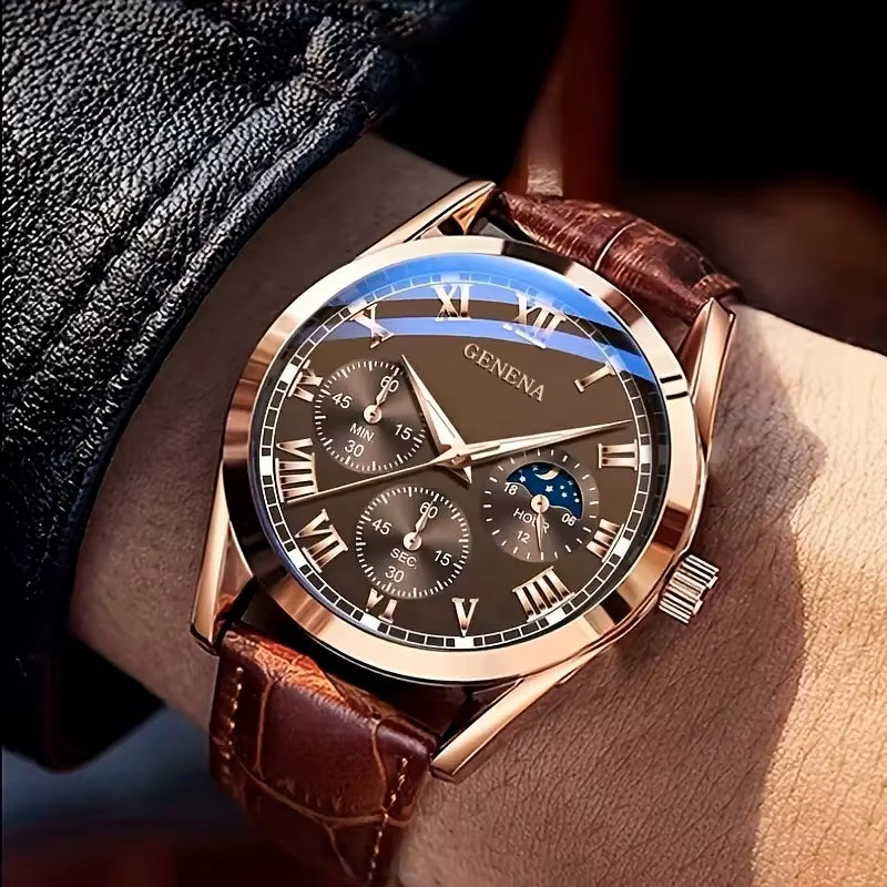 Men's Roman Numeral Leather Quartz Watch