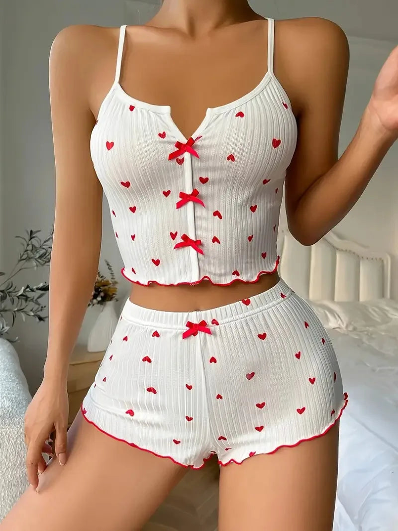 Heart Print Ribbed Cami and Shorts Pajama Set