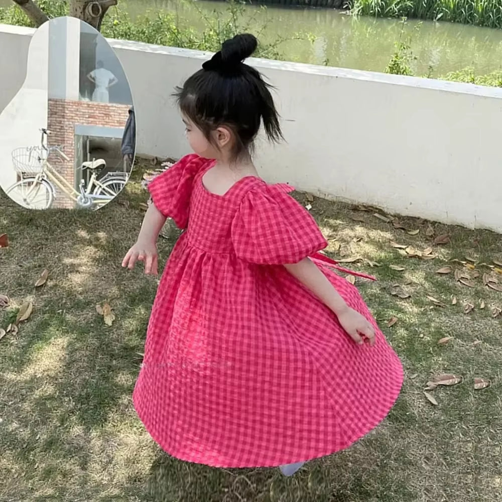 Girls' Rose Pink Plaid Bow Midi Dress