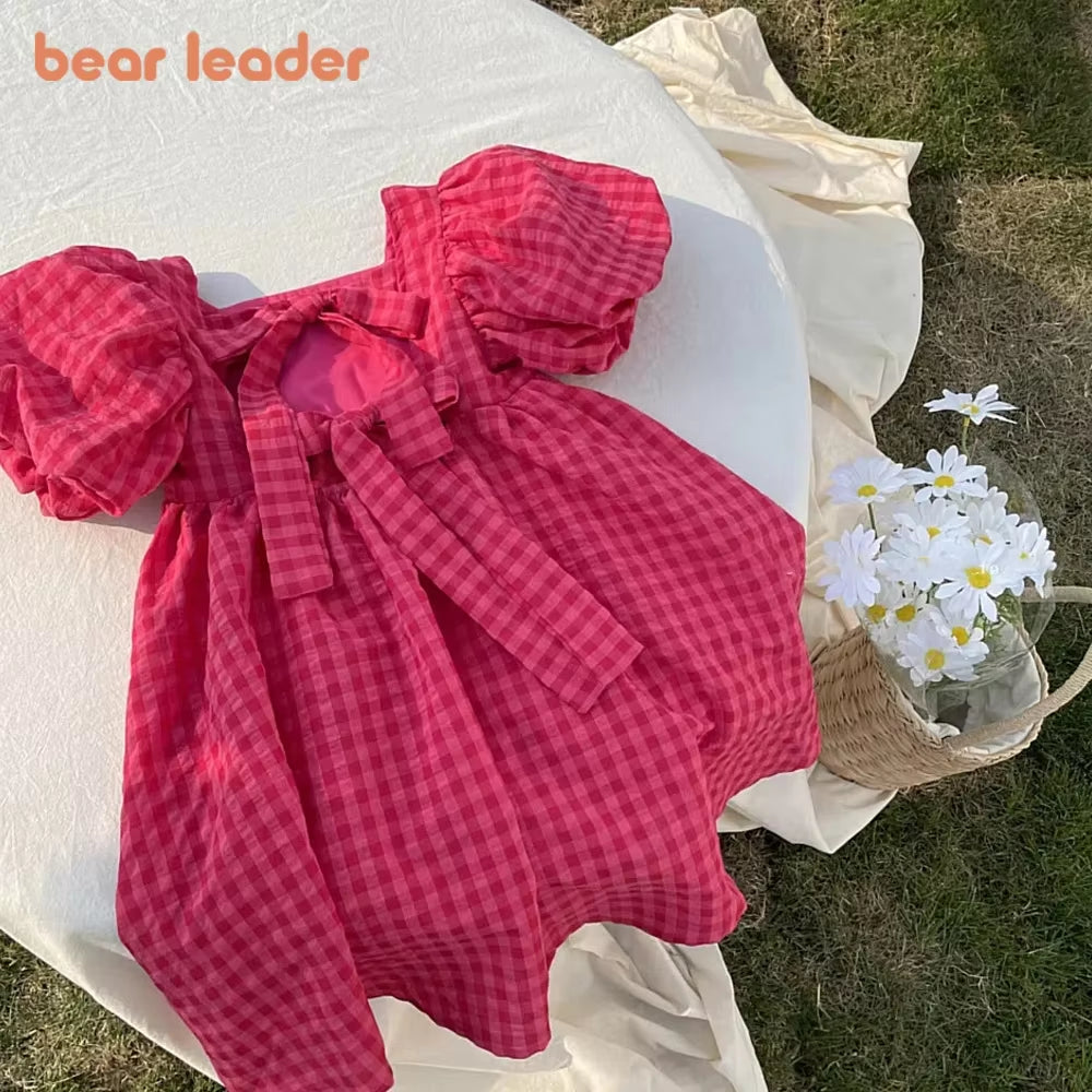 Girls' Rose Pink Plaid Bow Midi Dress