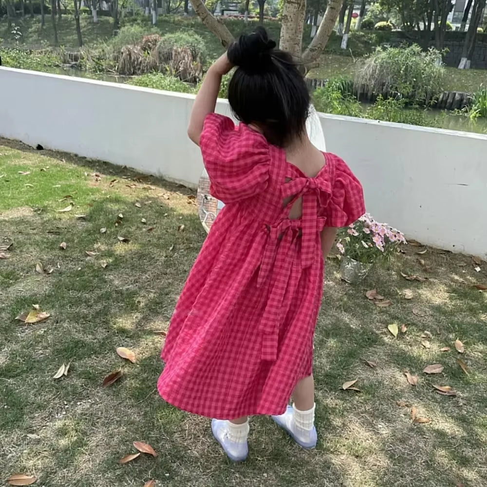 Girls' Rose Pink Plaid Bow Midi Dress