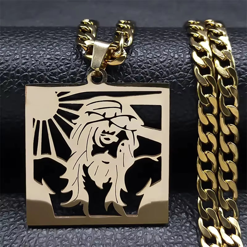 Hip Hop Punk Crown of Thorns Jesus Cross Necklace for Men Stainless Steel Gold Plated Crucifix Pendant Necklaces Jewelry N8052