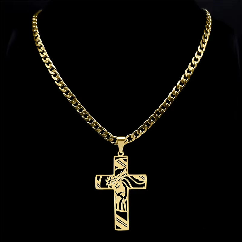 Hip Hop Punk Crown of Thorns Jesus Cross Necklace for Men Stainless Steel Gold Plated Crucifix Pendant Necklaces Jewelry N8052