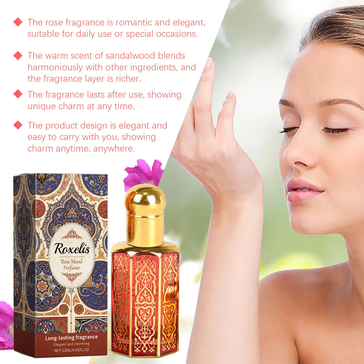 Arabian Roll on Perfume Oil, Rose Mood, Long Lasting Women Fragrance, 12Ml