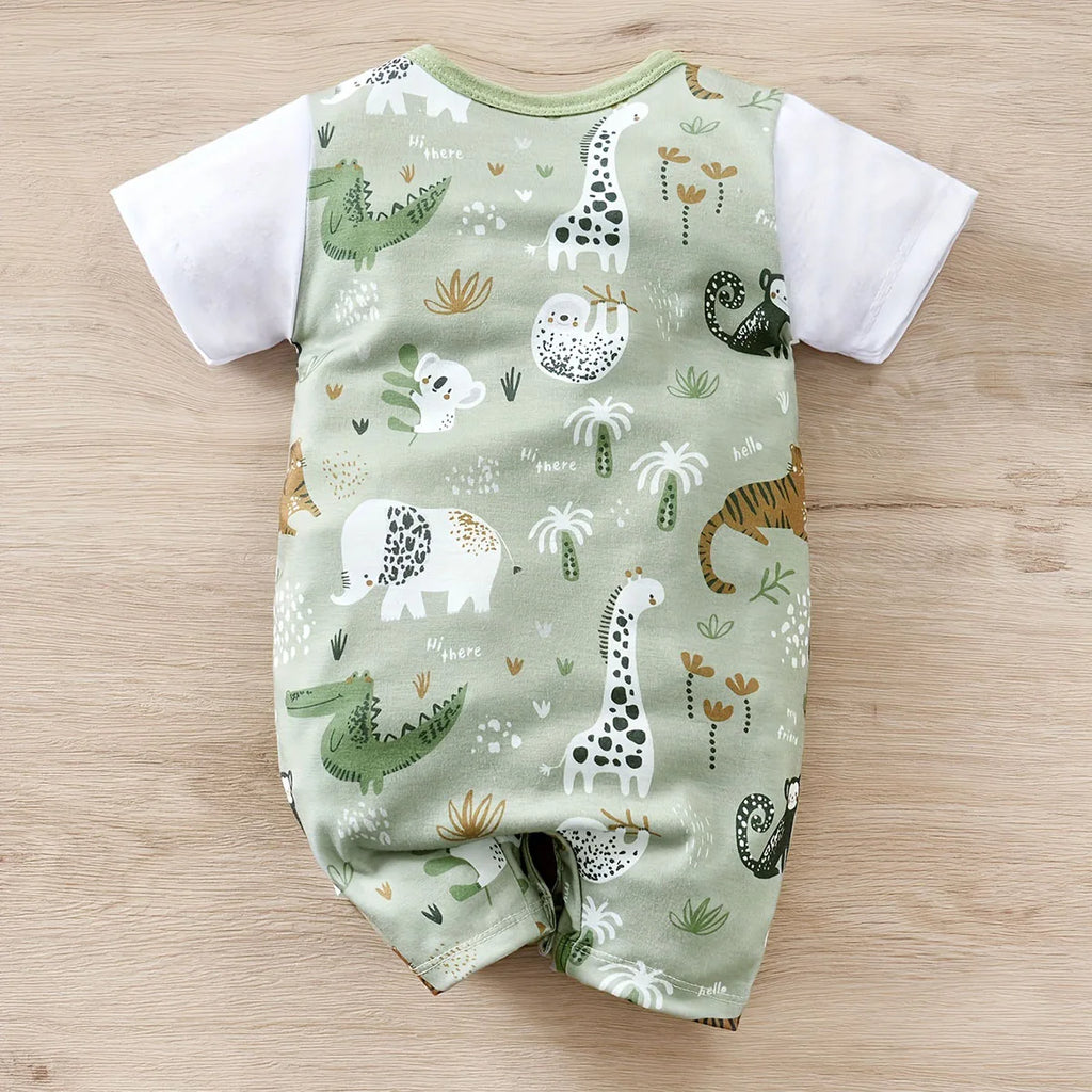 Adorable Infant Zoo Animal Print Romper for Boy Newborn Baby Faux Two-Piece Bodysuit with Short Sleeves Casual Play Wear