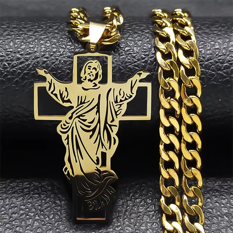 Hip Hop Punk Crown of Thorns Jesus Cross Necklace for Men Stainless Steel Gold Plated Crucifix Pendant Necklaces Jewelry N8052