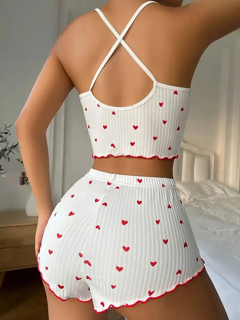 Heart Print Ribbed Cami and Shorts Pajama Set