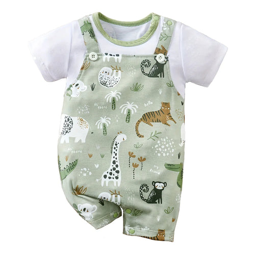 Adorable Infant Zoo Animal Print Romper for Boy Newborn Baby Faux Two-Piece Bodysuit with Short Sleeves Casual Play Wear