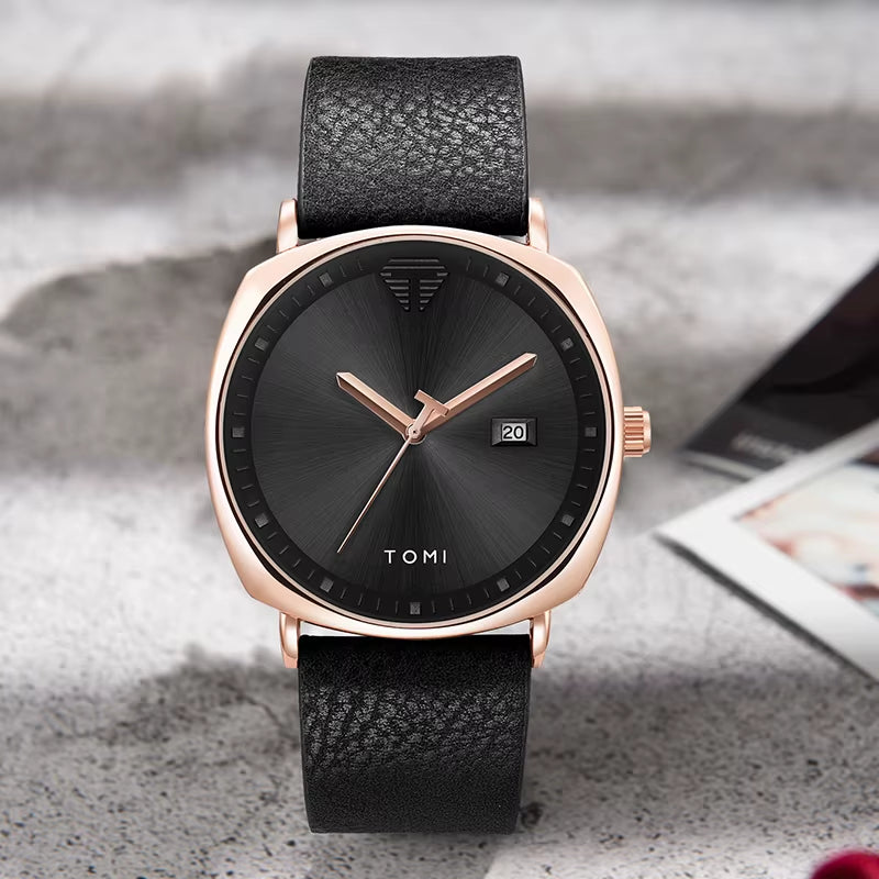 Minimalist Leather Quartz Watch for Men with Date