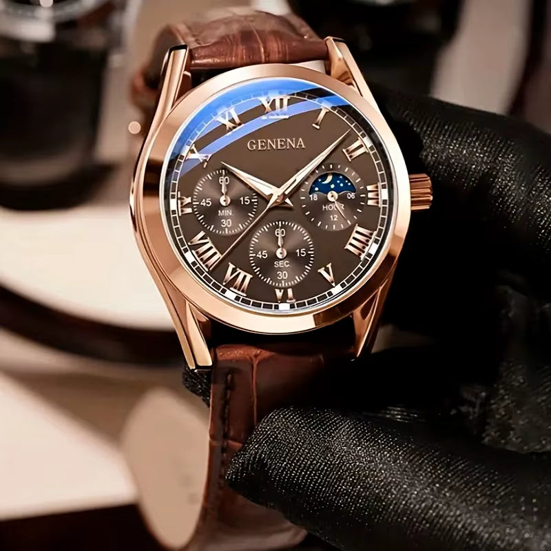 Men's Roman Numeral Leather Quartz Watch