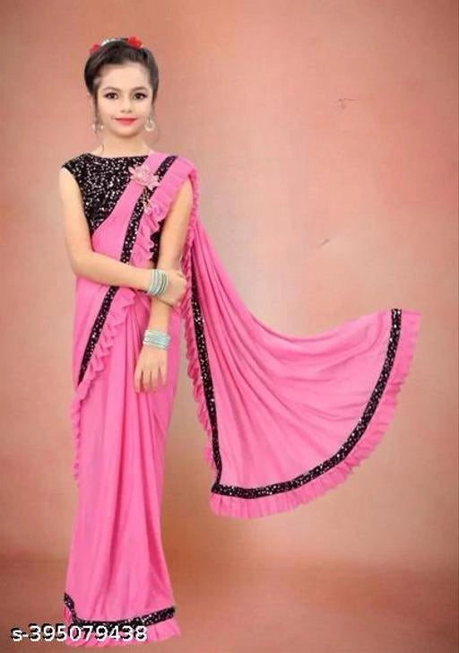 Girls' Lycra Solid Saree, Baby Pink