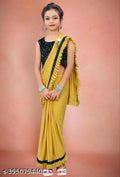 Girls' Lycra Solid Saree, Mustard