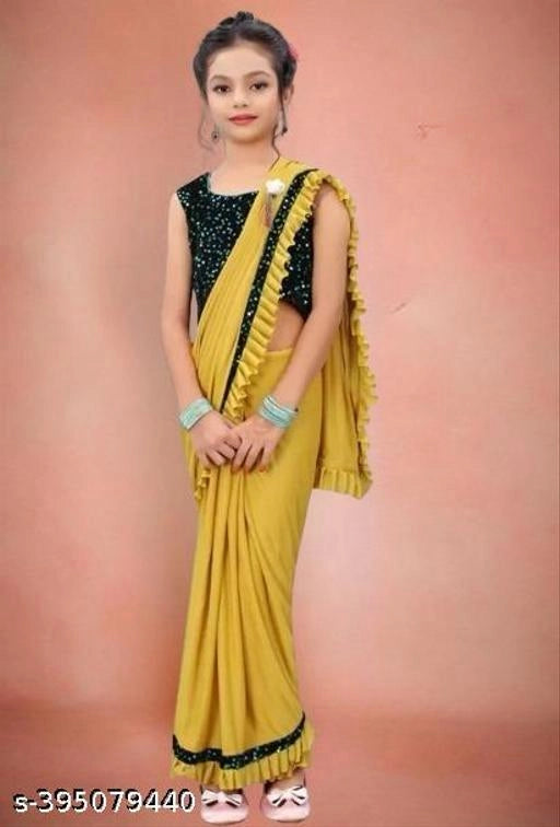 Girls' Lycra Solid Saree, Mustard