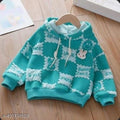 Girls' Woolen Printed Hoodie, Turquoise