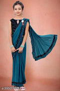 Girls' Lycra Solid Saree, Sky Blue