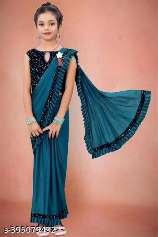 Girls' Lycra Solid Saree, Sky Blue
